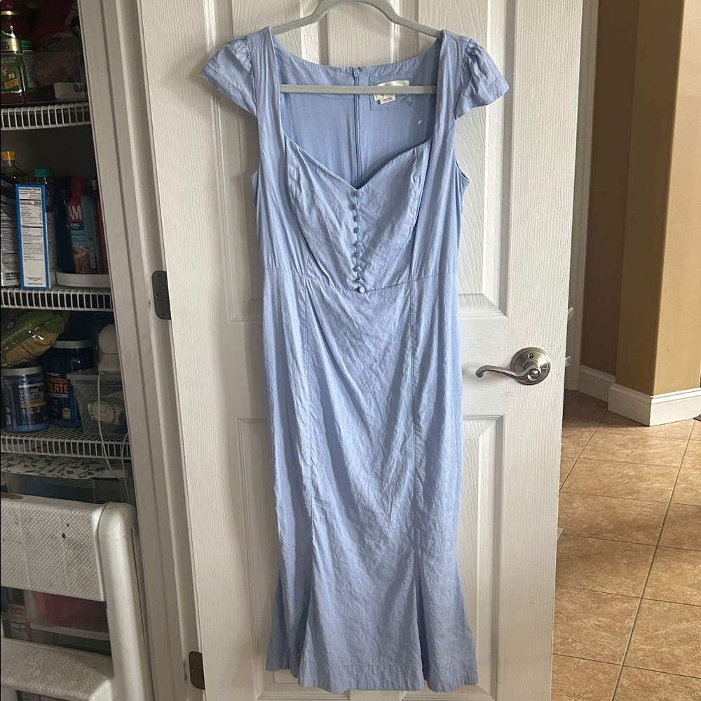 ANTHROPOLOGIE Cap-Sleeve Light Blue Midi Dress with Button-Front Bodice